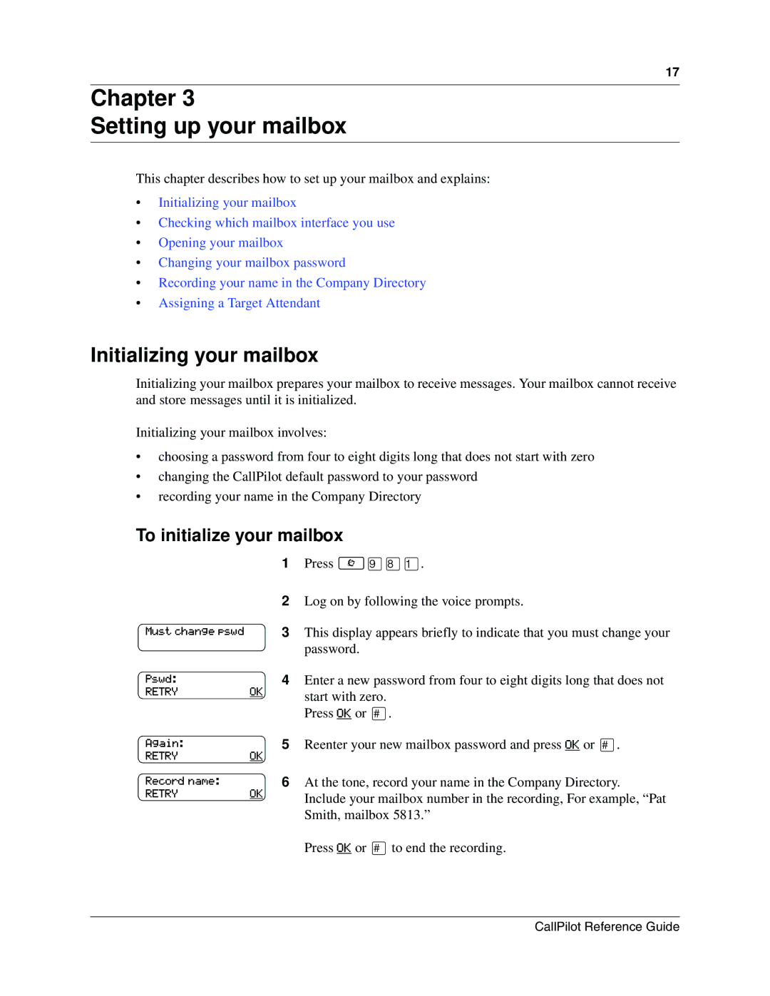 Nortel Networks P0919417 03 manual Chapter Setting up your mailbox, Initializing your mailbox, To initialize your mailbox 