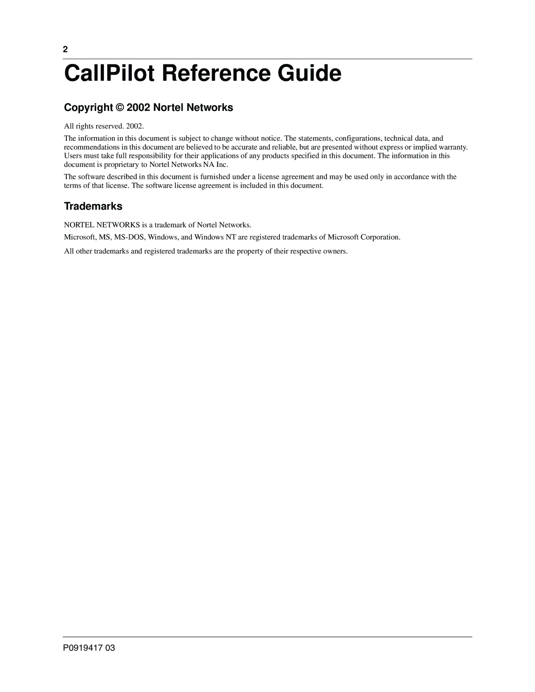 Nortel Networks P0919417 03 manual Copyright 2002 Nortel Networks, Trademarks 