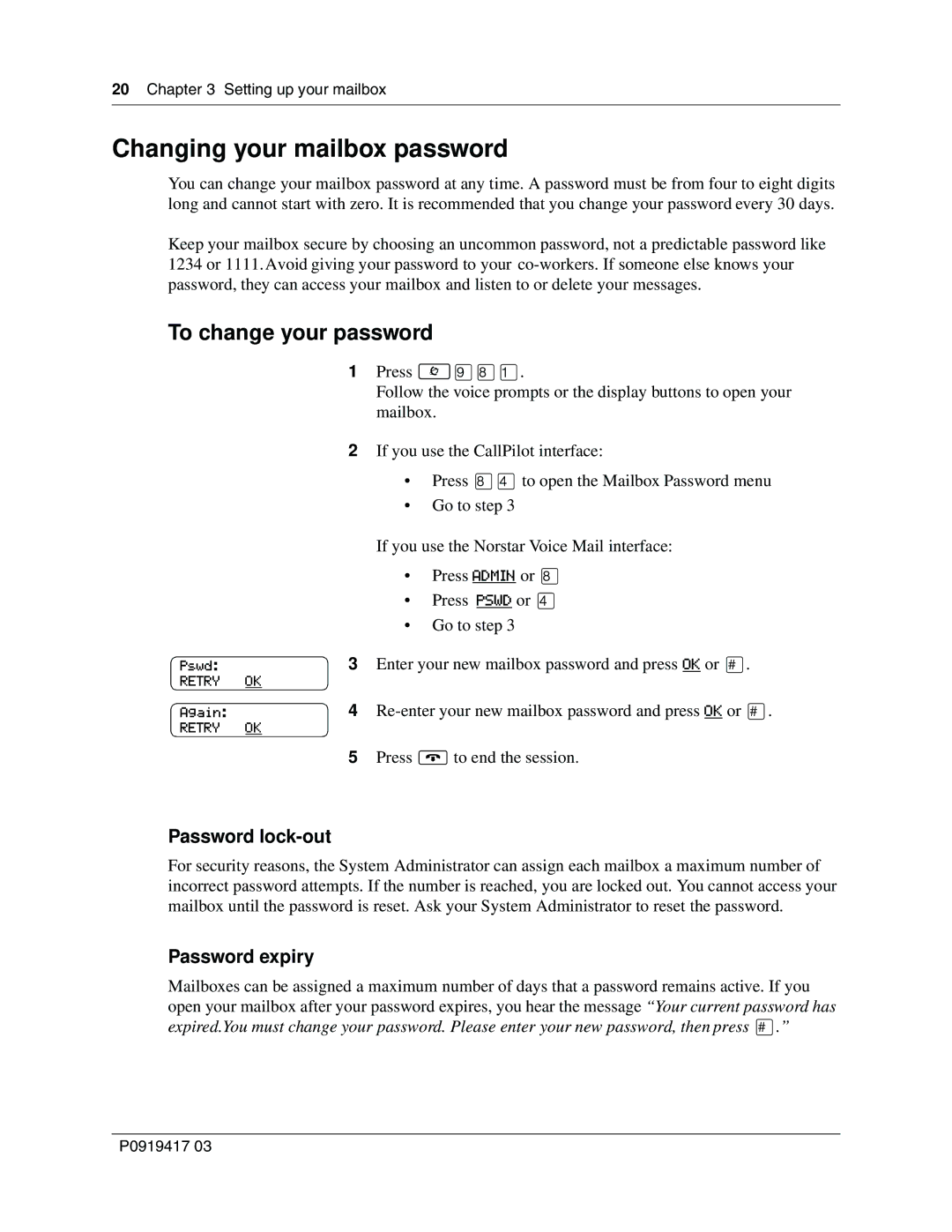 Nortel Networks P0919417 03 Changing your mailbox password, To change your password, Password lock-out, Password expiry 