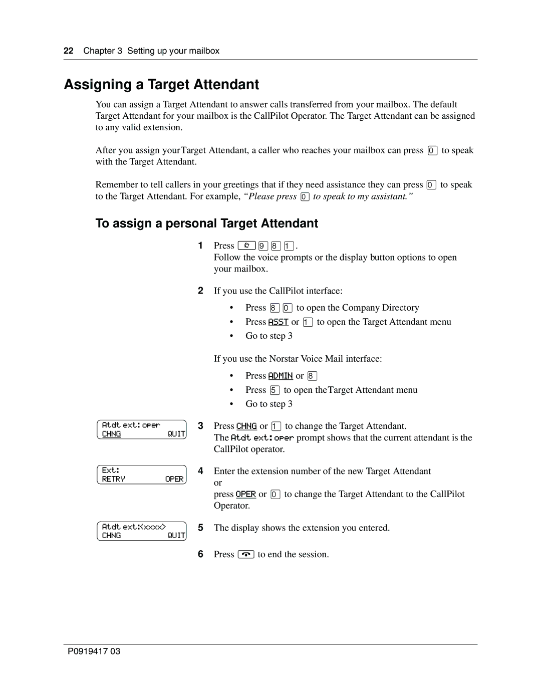 Nortel Networks P0919417 03 manual Assigning a Target Attendant, To assign a personal Target Attendant 