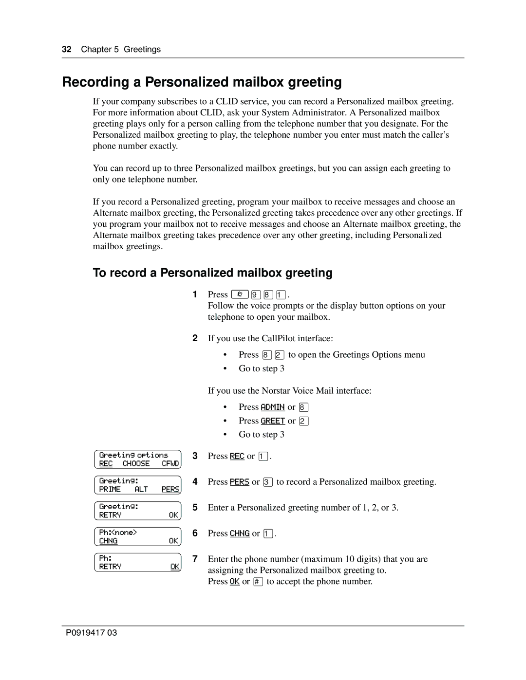 Nortel Networks P0919417 03 manual Recording a Personalized mailbox greeting, To record a Personalized mailbox greeting 