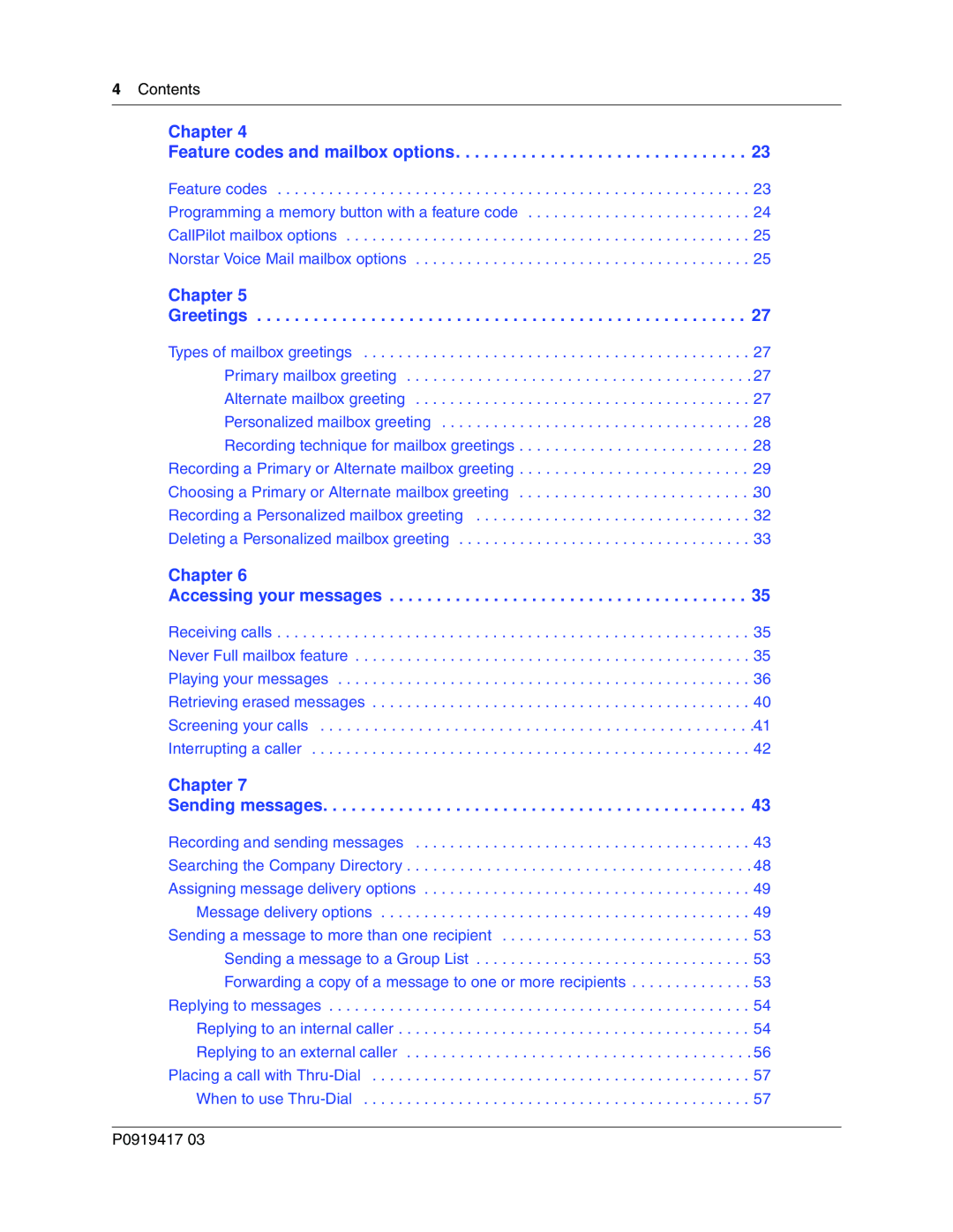 Nortel Networks P0919417 03 manual Chapter Feature codes and mailbox options 