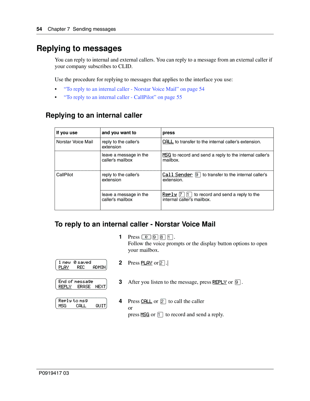 Nortel Networks P0919417 03 manual Replying to messages, Replying to an internal caller 