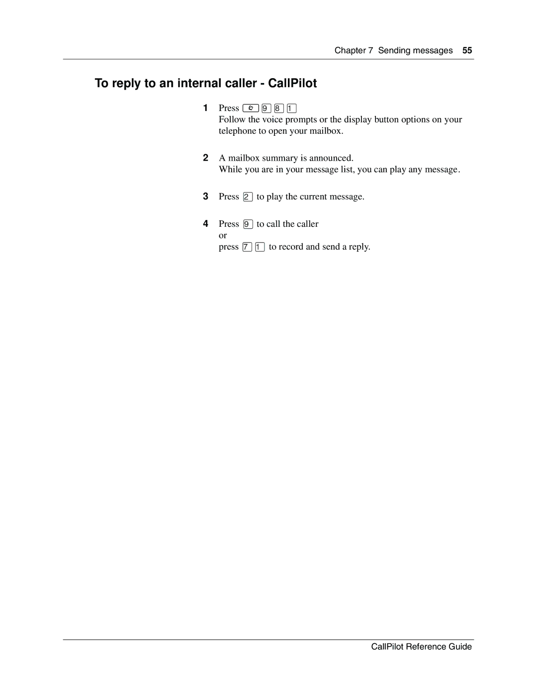 Nortel Networks P0919417 03 manual To reply to an internal caller CallPilot 