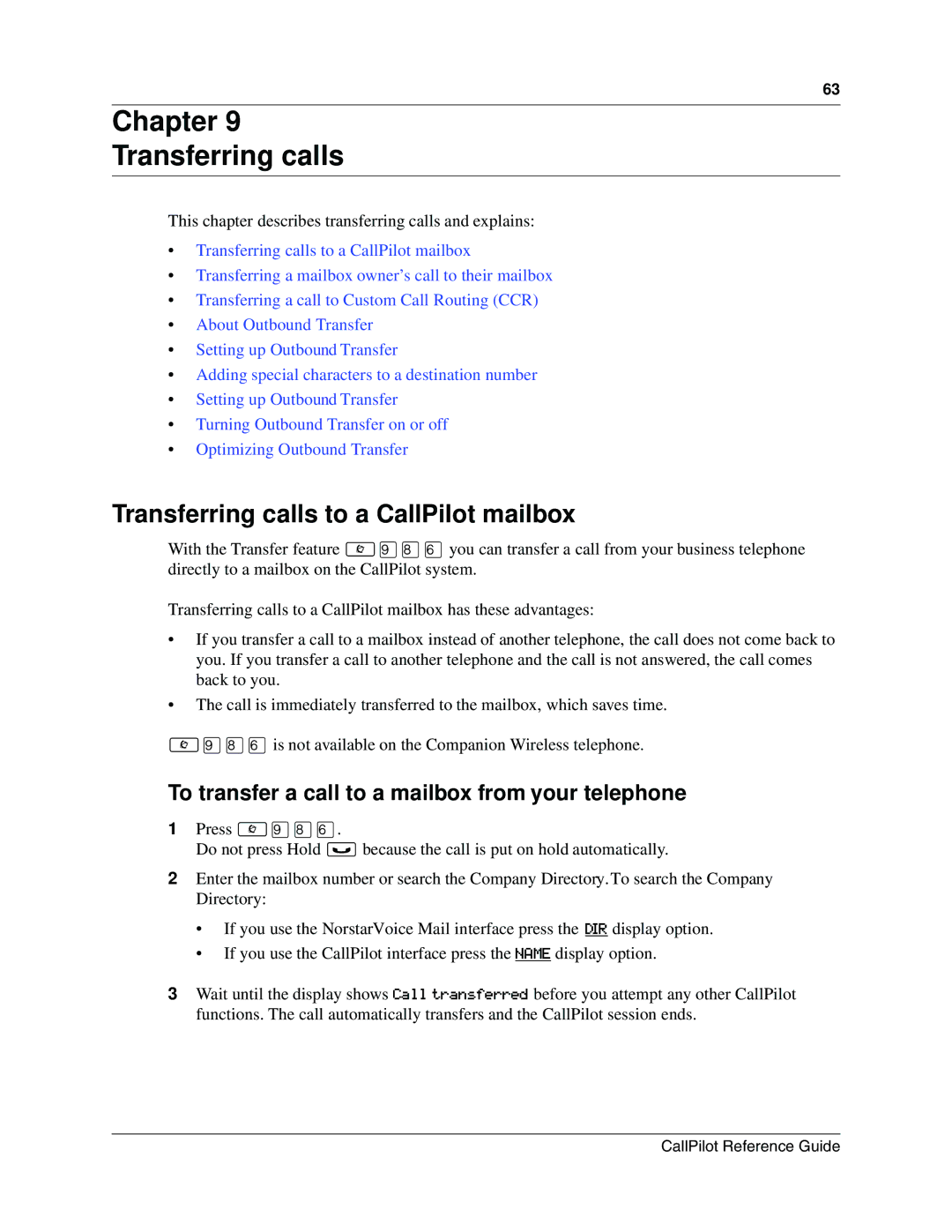 Nortel Networks P0919417 03 manual Chapter Transferring calls, Transferring calls to a CallPilot mailbox 