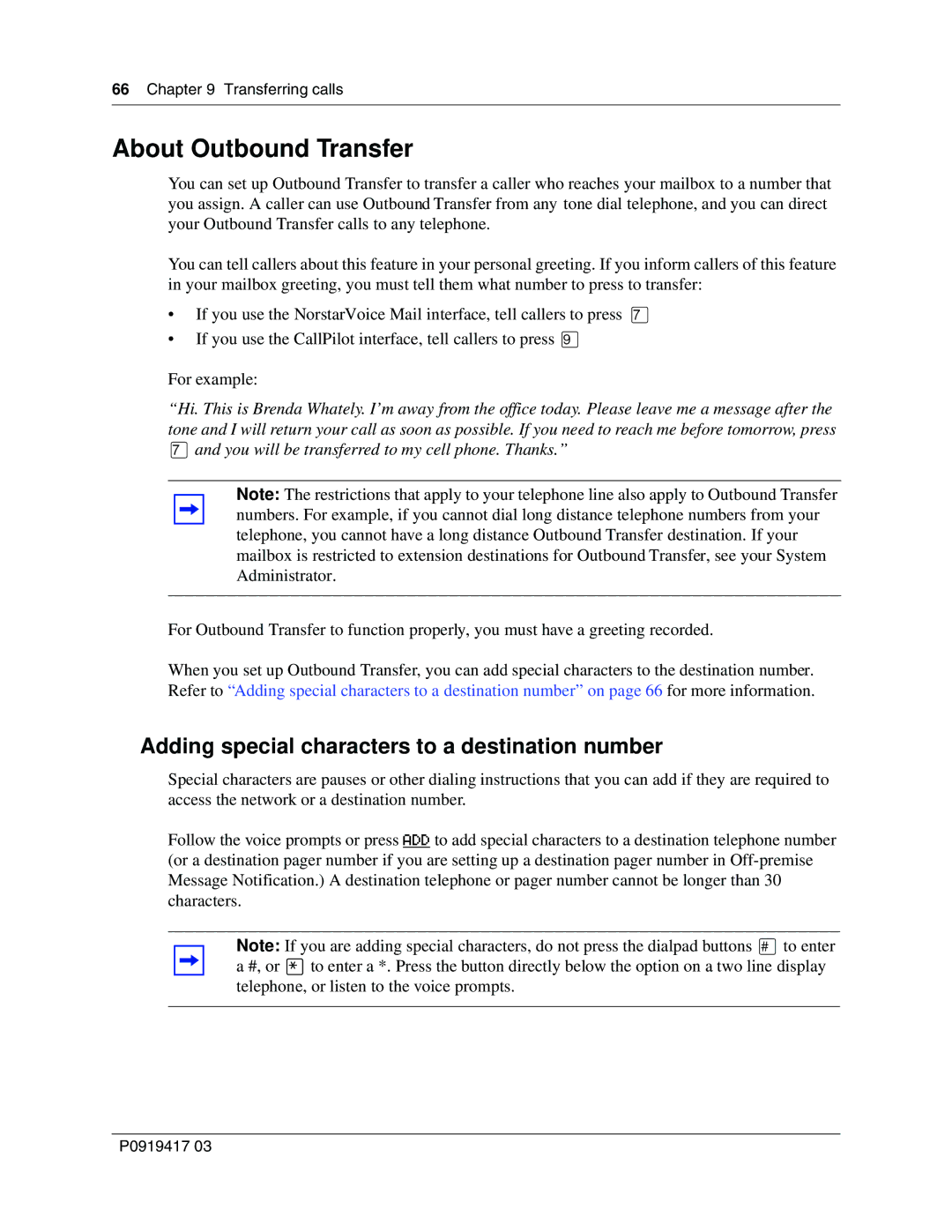 Nortel Networks P0919417 03 manual About Outbound Transfer, Adding special characters to a destination number 