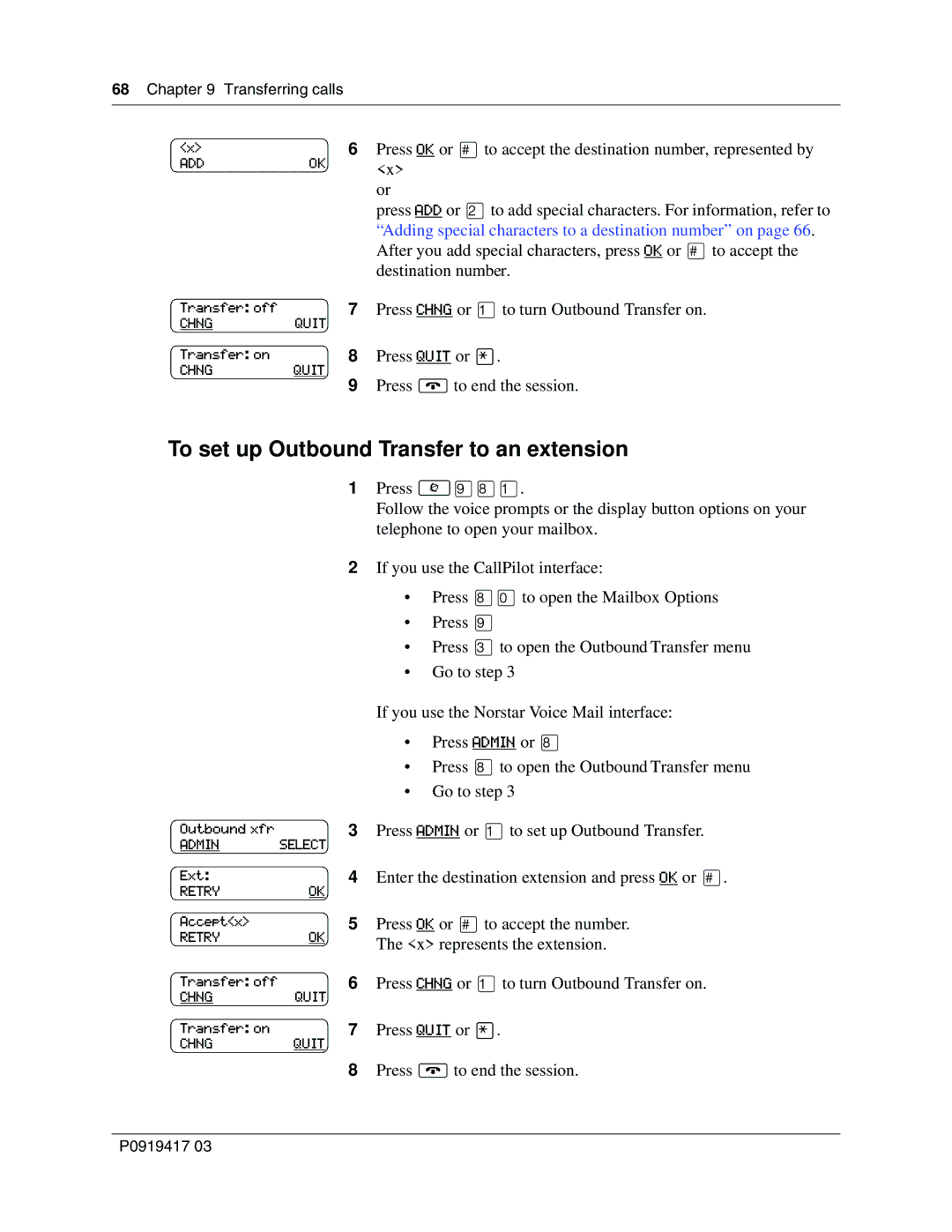 Nortel Networks P0919417 03 manual To set up Outbound Transfer to an extension 