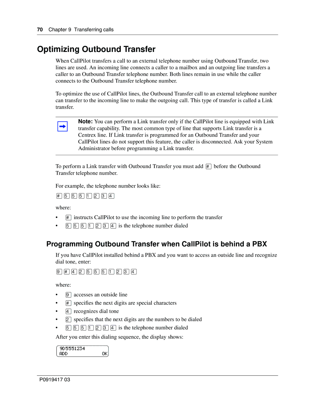 Nortel Networks P0919417 03 Optimizing Outbound Transfer, Programming Outbound Transfer when CallPilot is behind a PBX 