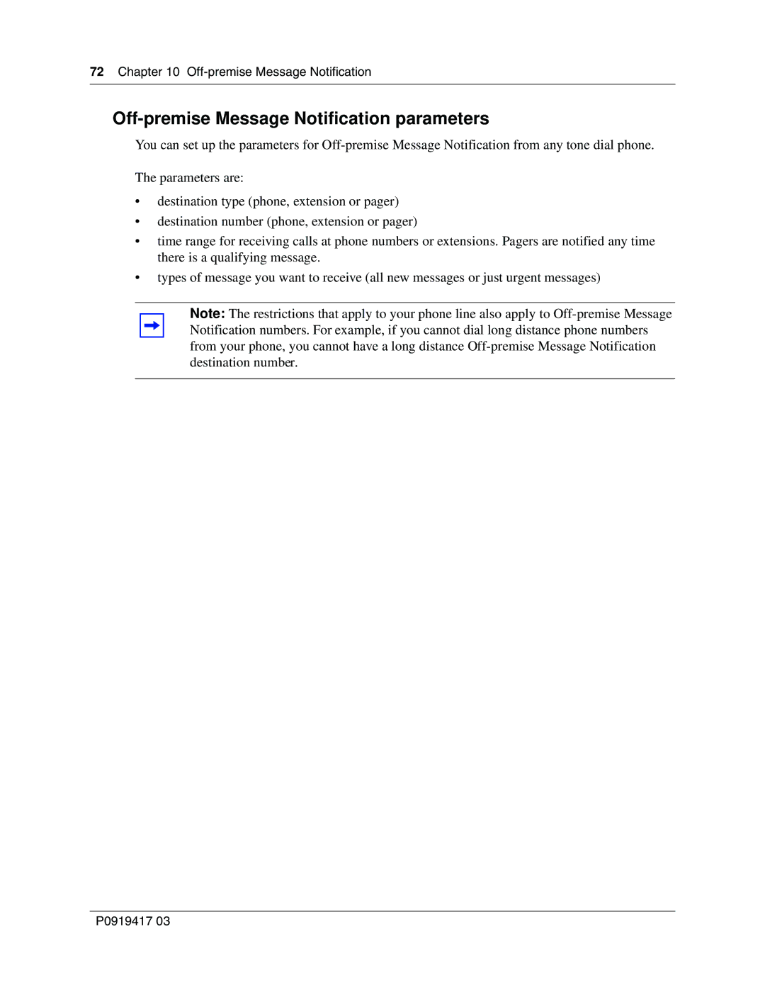 Nortel Networks P0919417 03 manual Off-premise Message Notification parameters 