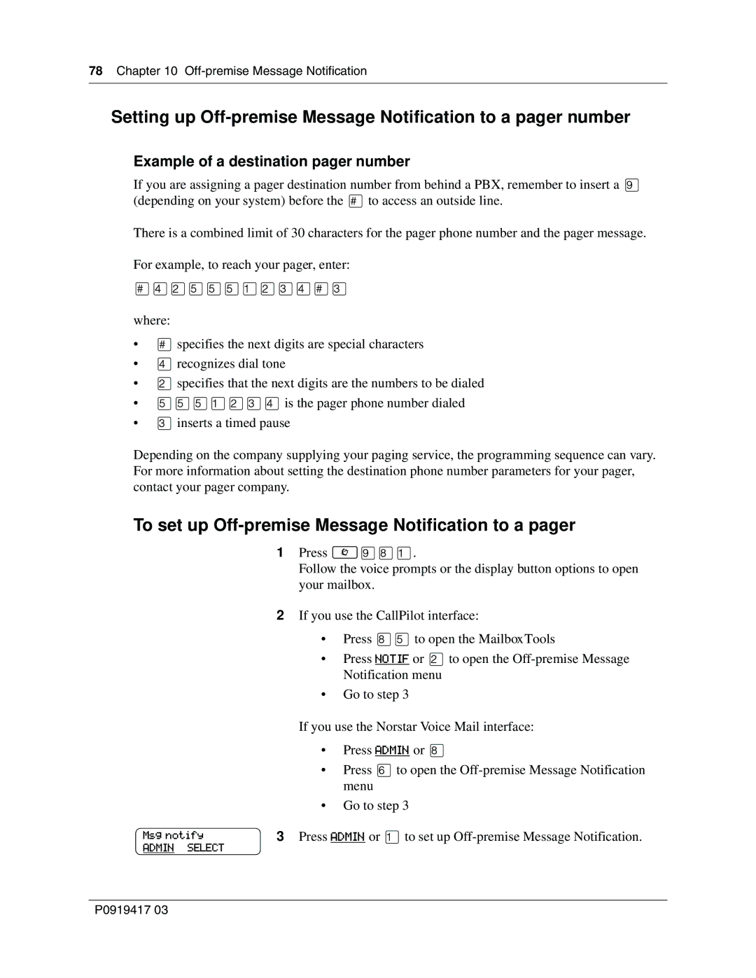 Nortel Networks P0919417 03 To set up Off-premise Message Notification to a pager, Example of a destination pager number 