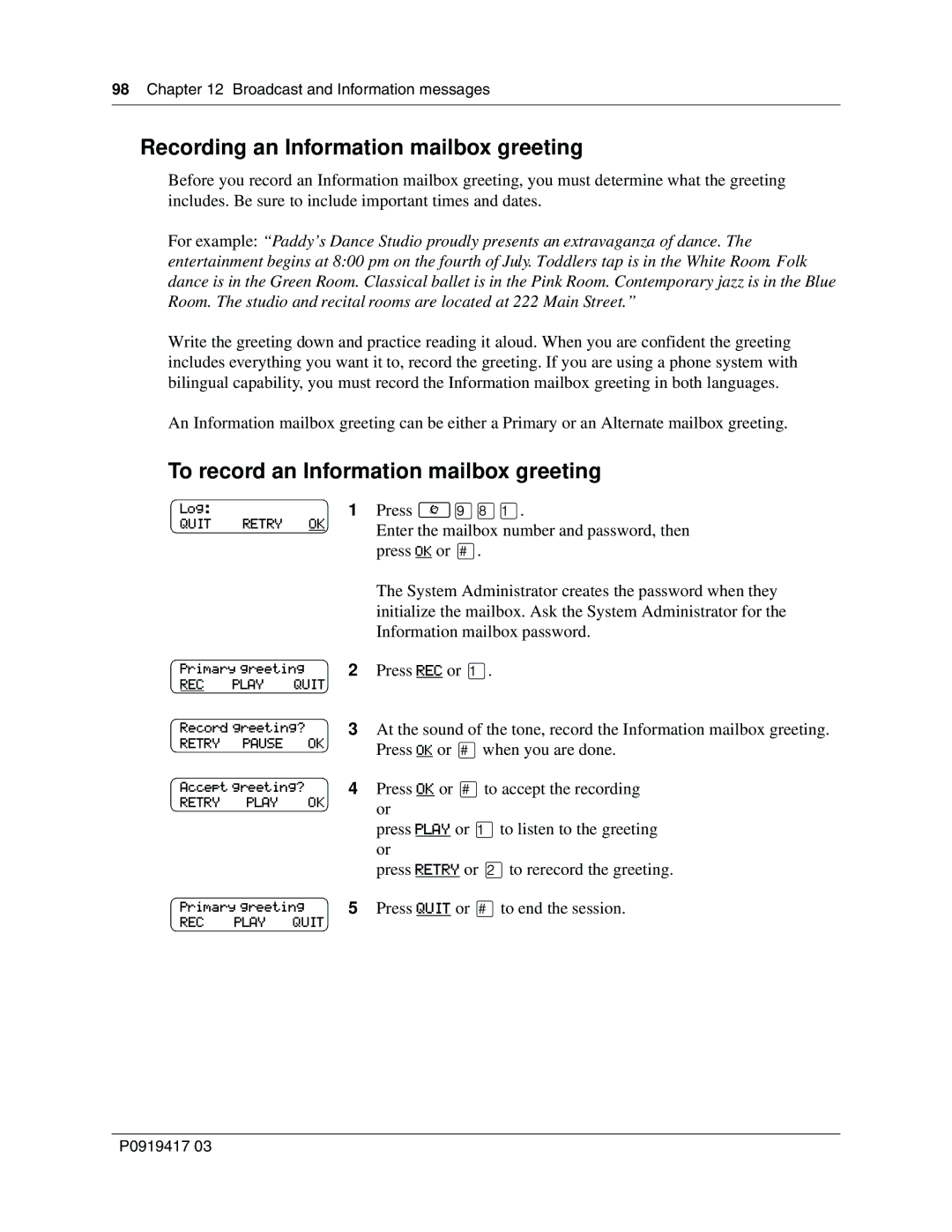 Nortel Networks P0919417 03 manual Recording an Information mailbox greeting, To record an Information mailbox greeting 