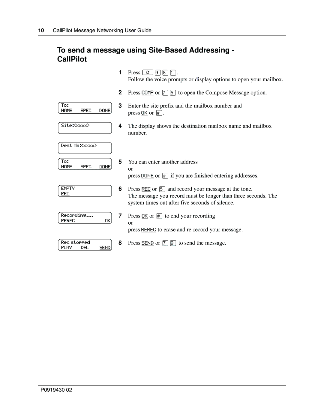 Nortel Networks P091943002 manual To send a message using Site-Based Addressing CallPilot 