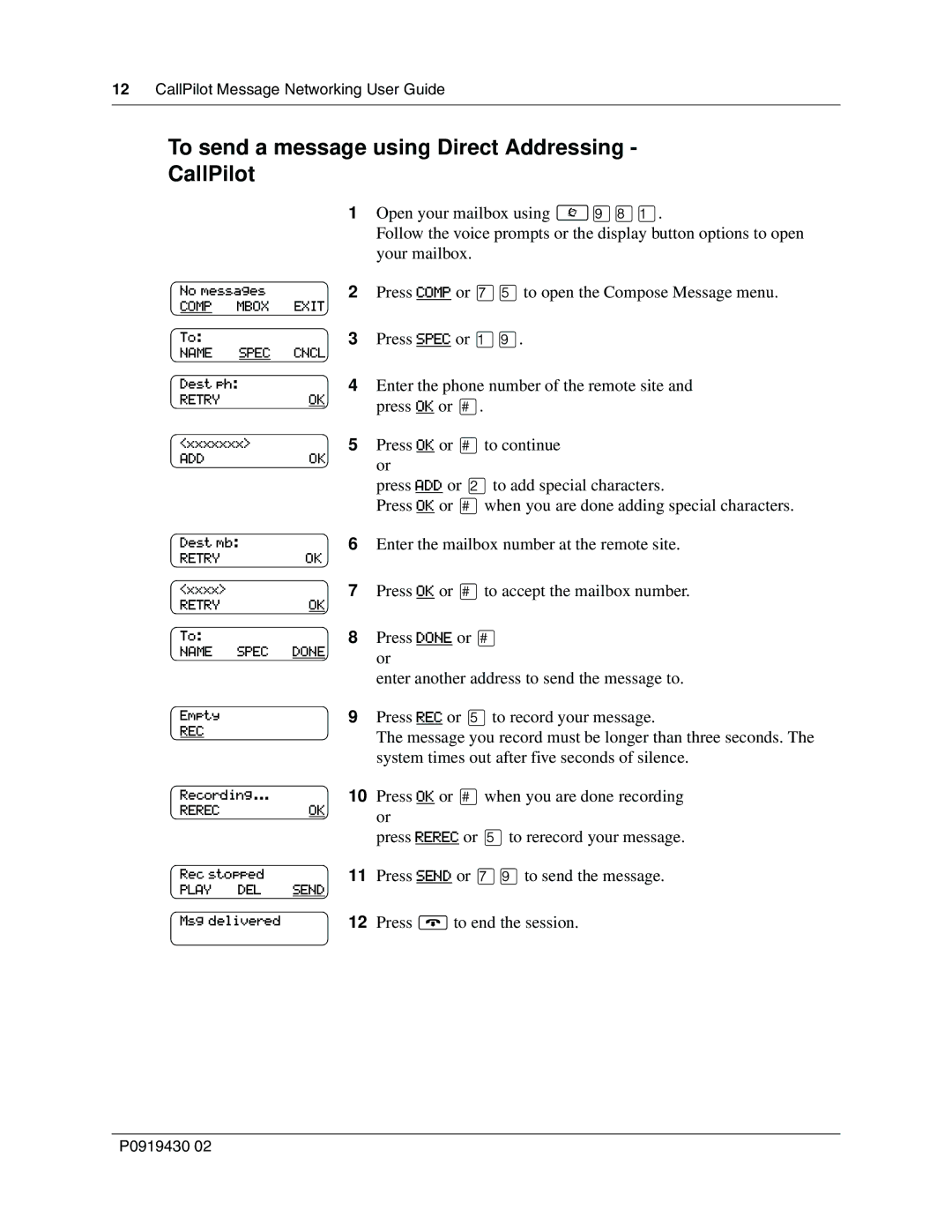 Nortel Networks P091943002 manual To send a message using Direct Addressing CallPilot 