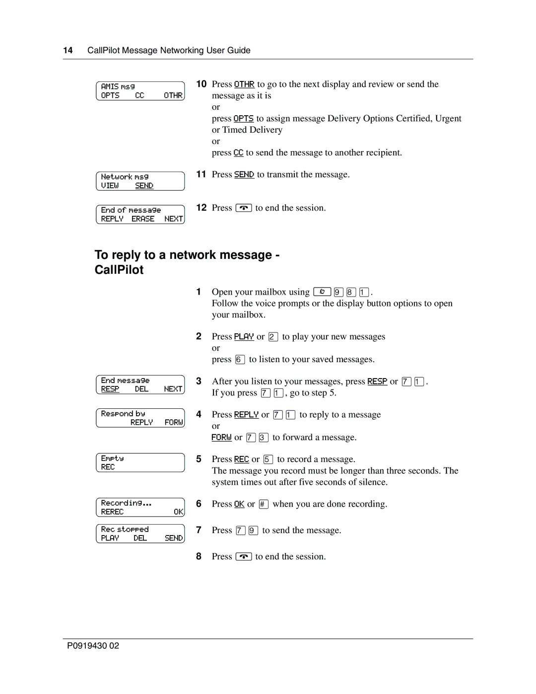 Nortel Networks P091943002 manual To reply to a network message CallPilot 