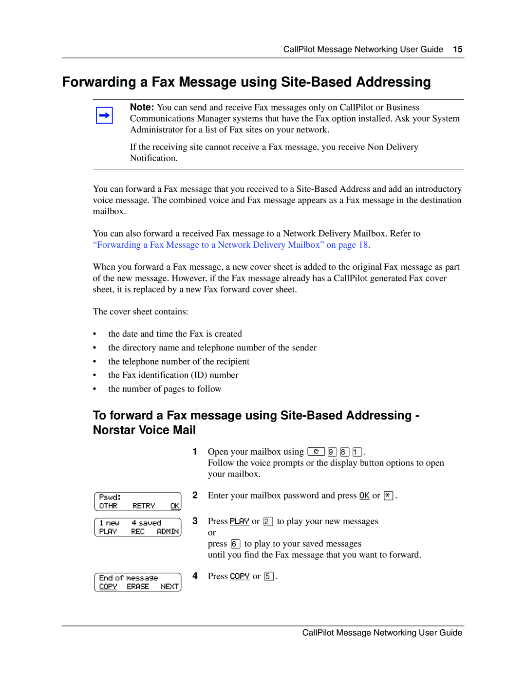 Nortel Networks P091943002 manual Forwarding a Fax Message using Site-Based Addressing 