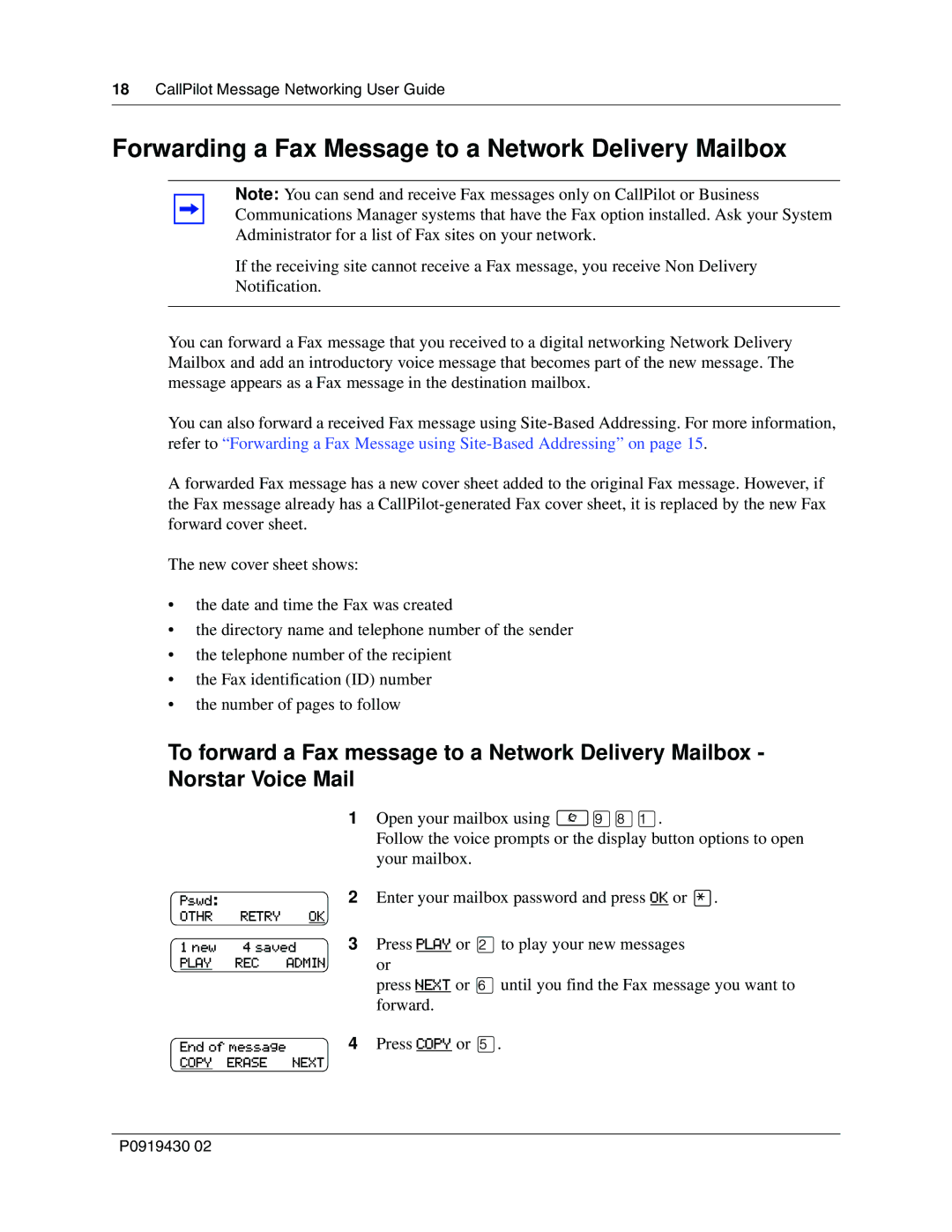 Nortel Networks P091943002 manual Forwarding a Fax Message to a Network Delivery Mailbox 