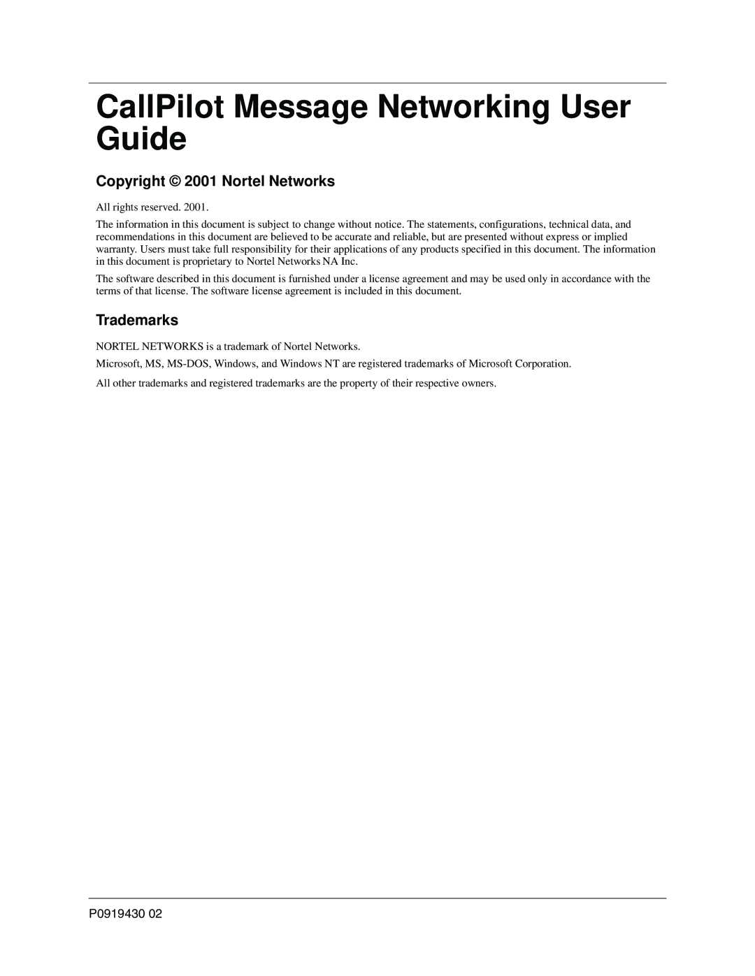 Nortel Networks P091943002 manual Copyright 2001 Nortel Networks 