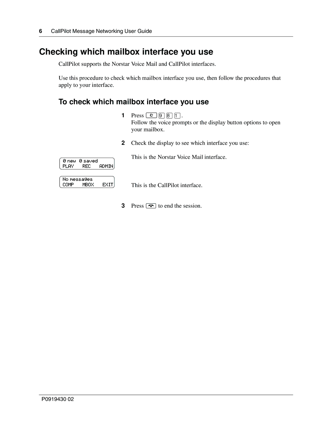 Nortel Networks P091943002 manual Checking which mailbox interface you use, To check which mailbox interface you use 