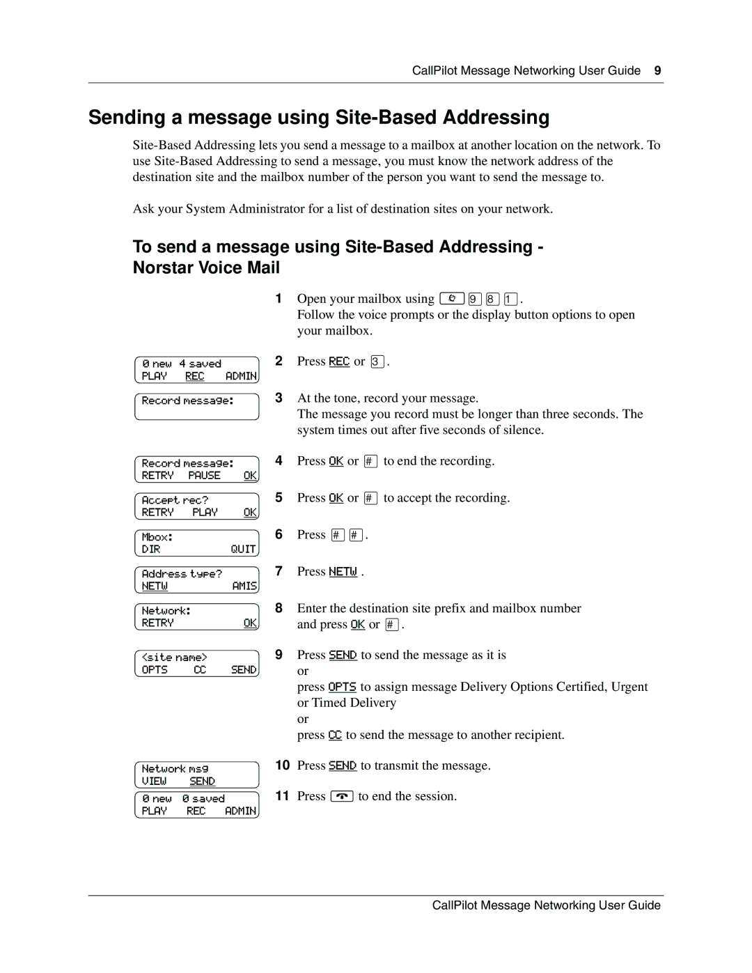 Nortel Networks P091943002 manual Sending a message using Site-Based Addressing 