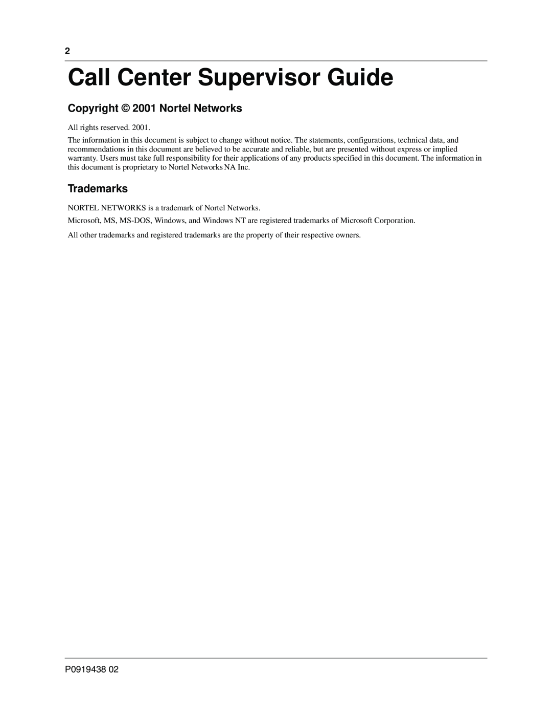 Nortel Networks P0919438 02 manual Copyright 2001 Nortel Networks, Trademarks, Call Center Supervisor Guide 