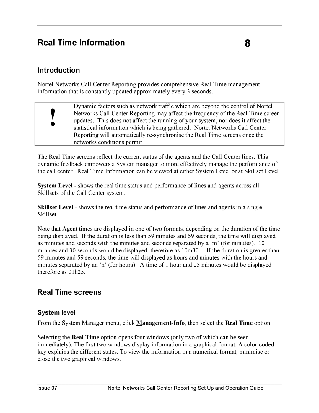 Nortel Networks P0919439 manual Real Time Information, Real Time screens, System level 