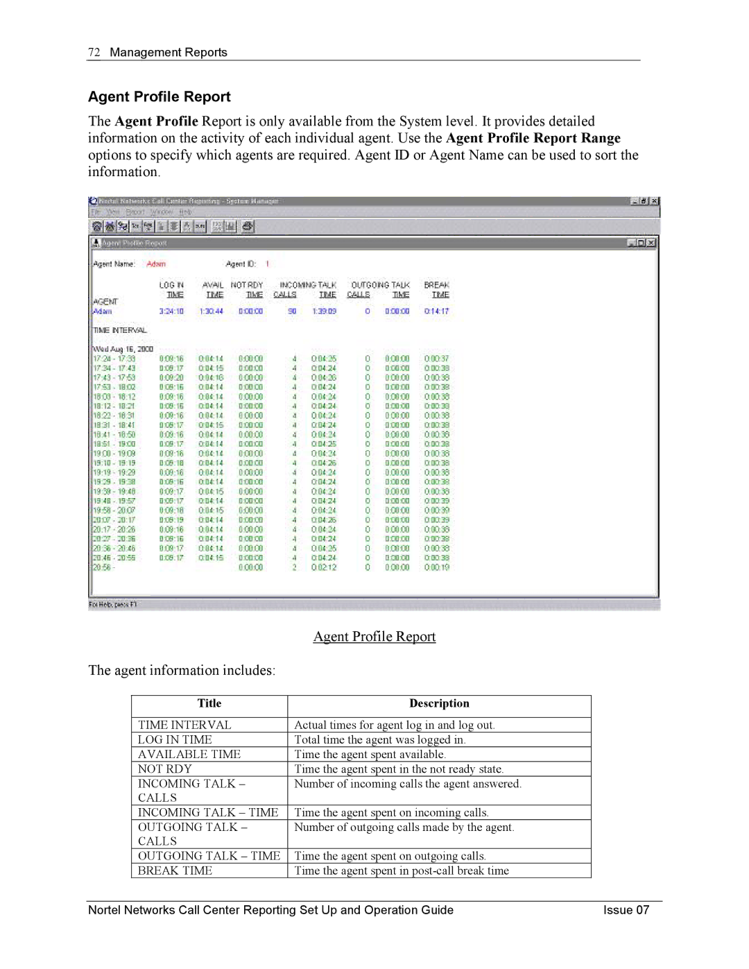 Nortel Networks P0919439 manual Agent Profile Report 