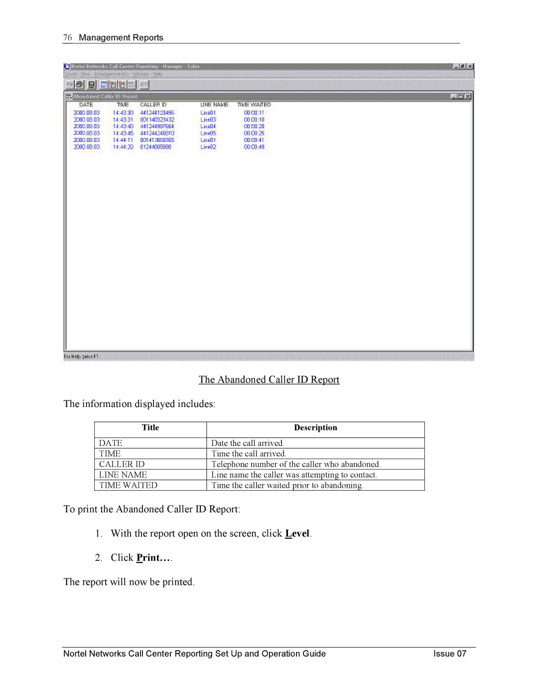 Nortel Networks P0919439 manual Abandoned Caller ID Report Information displayed includes 