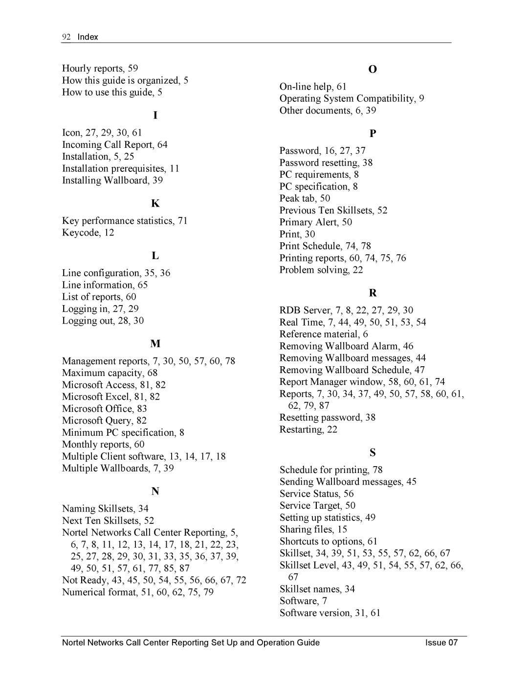 Nortel Networks P0919439 manual Index 