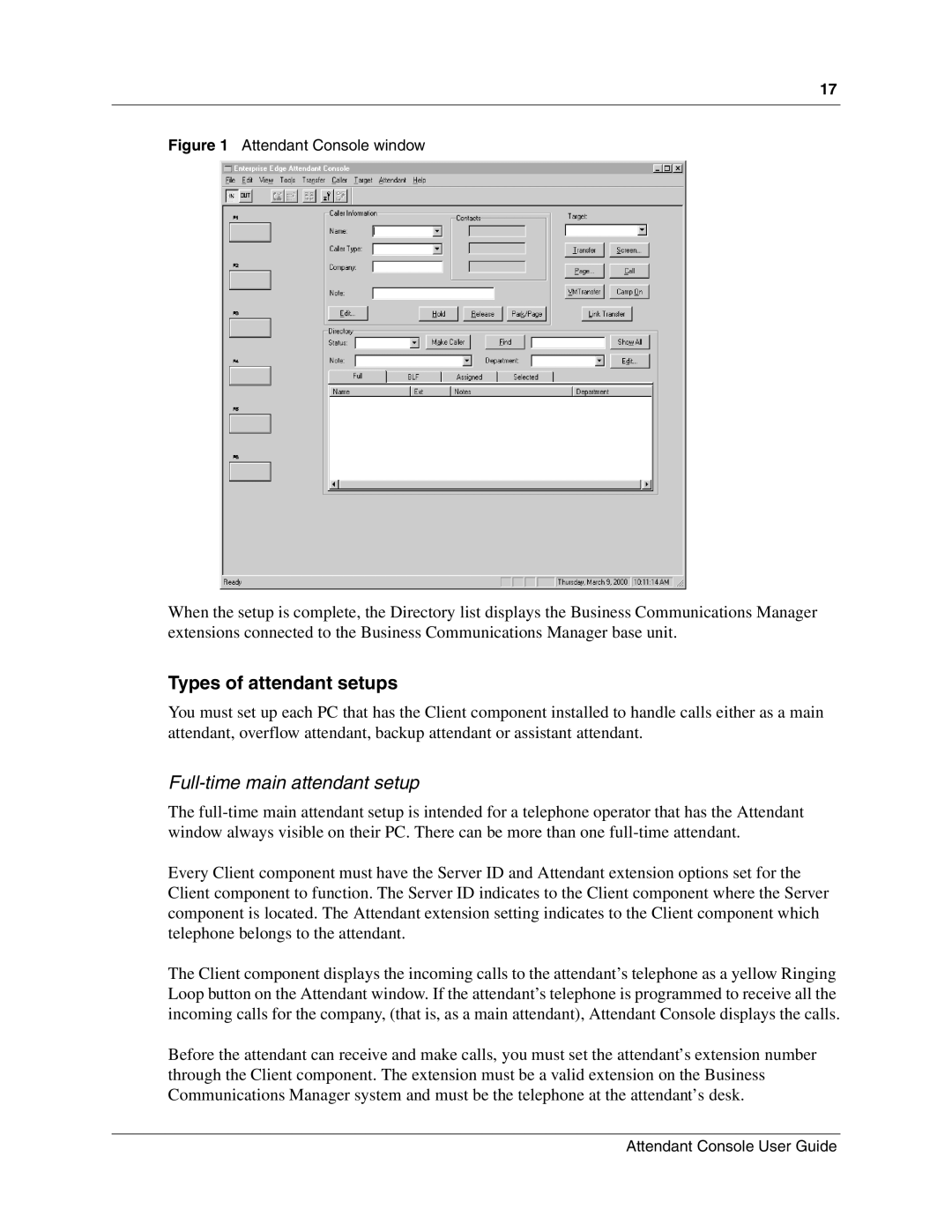 Nortel Networks P0936571 02 manual Types of attendant setups, Full-time main attendant setup 