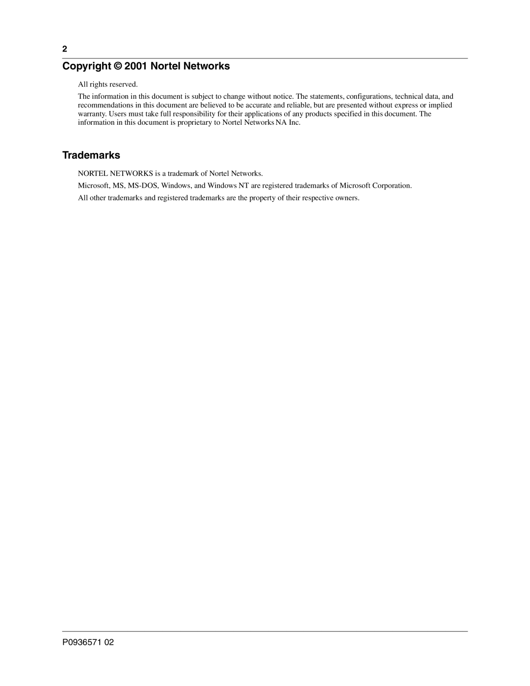 Nortel Networks P0936571 02 manual Copyright 2001 Nortel Networks, Trademarks 