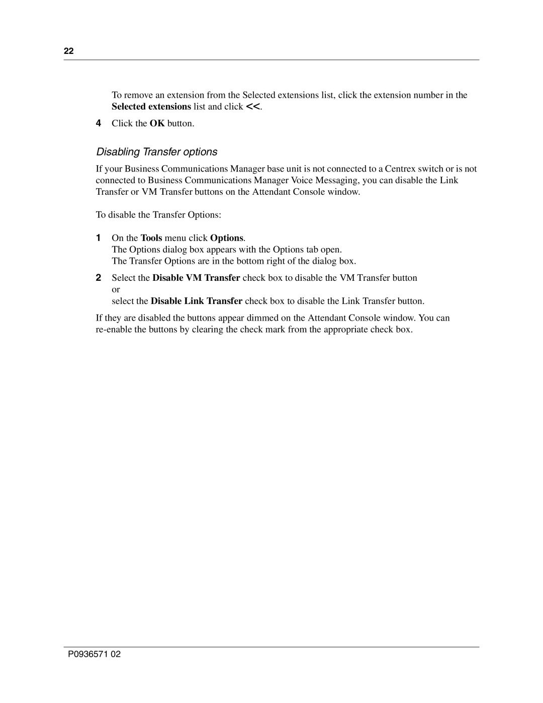 Nortel Networks P0936571 02 manual Disabling Transfer options 