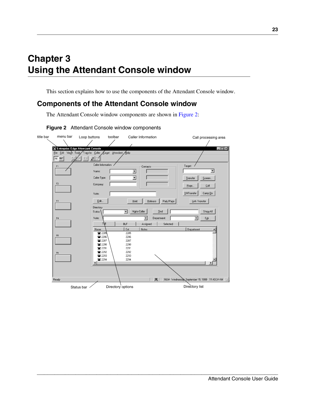 Nortel Networks P0936571 02 manual Chapter Using the Attendant Console window, Components of the Attendant Console window 