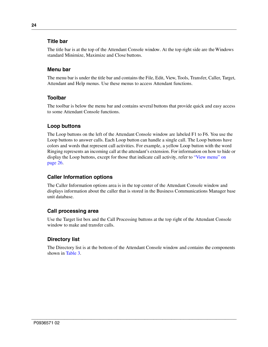 Nortel Networks P0936571 02 Title bar, Menu bar, Toolbar, Loop buttons, Caller Information options, Call processing area 