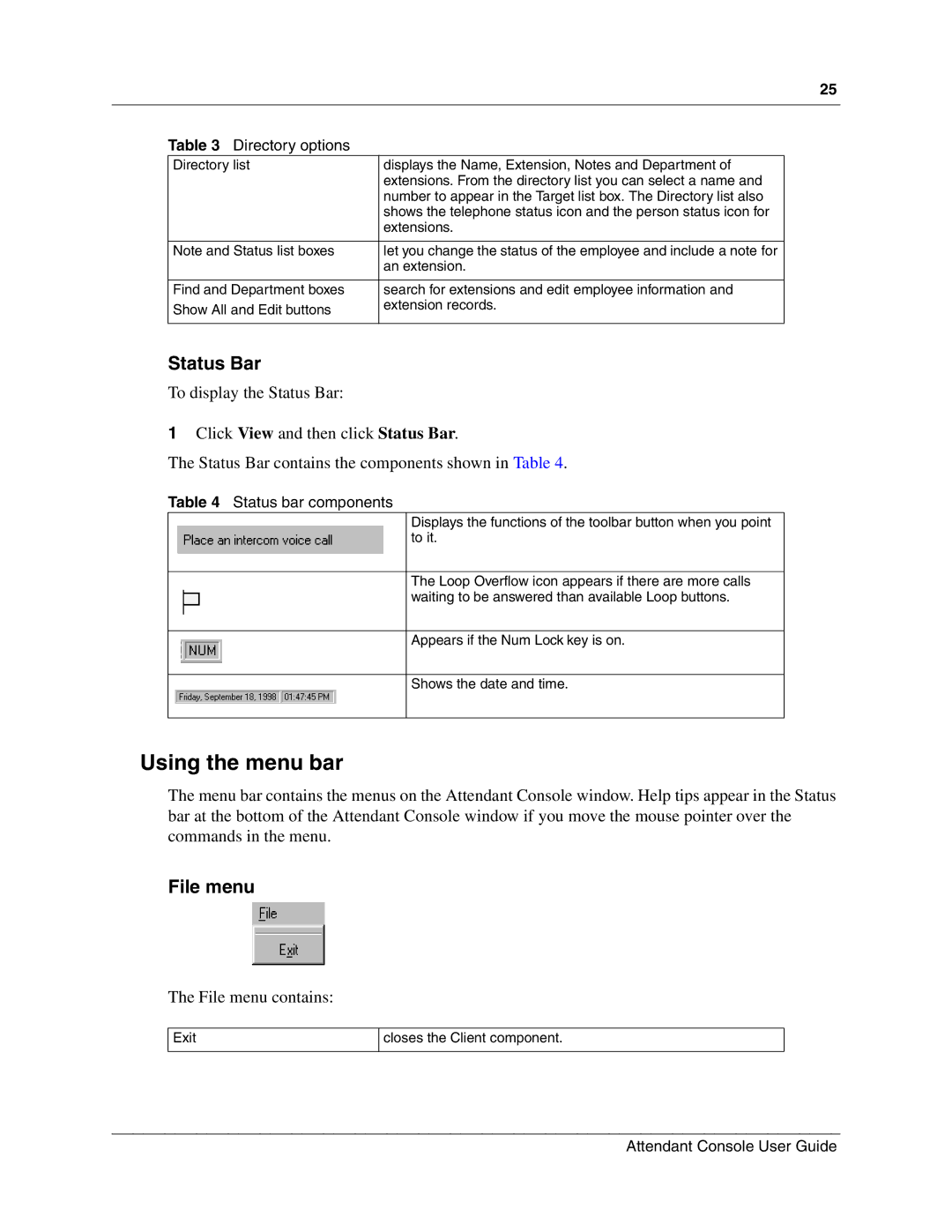 Nortel Networks P0936571 02 manual Using the menu bar, Status Bar, File menu contains 