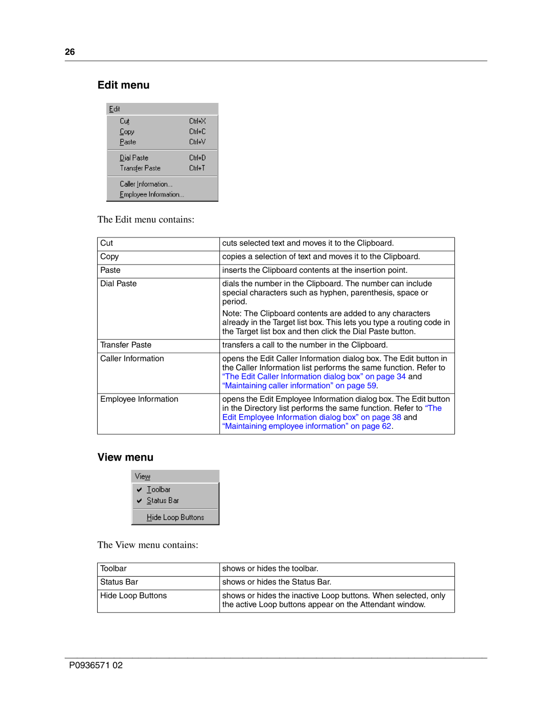 Nortel Networks P0936571 02 manual Edit menu contains, View menu contains 