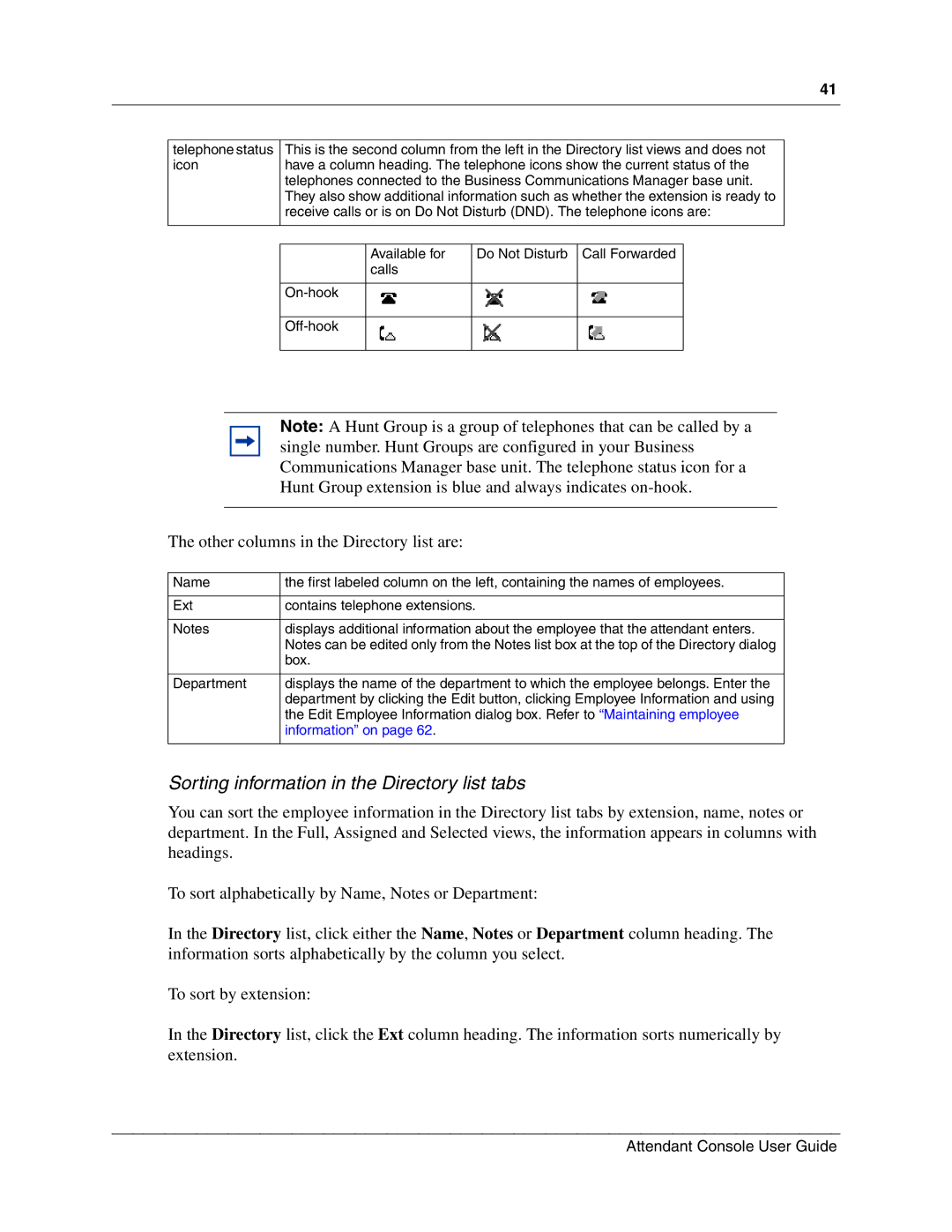 Nortel Networks P0936571 02 manual Sorting information in the Directory list tabs, Other columns in the Directory list are 