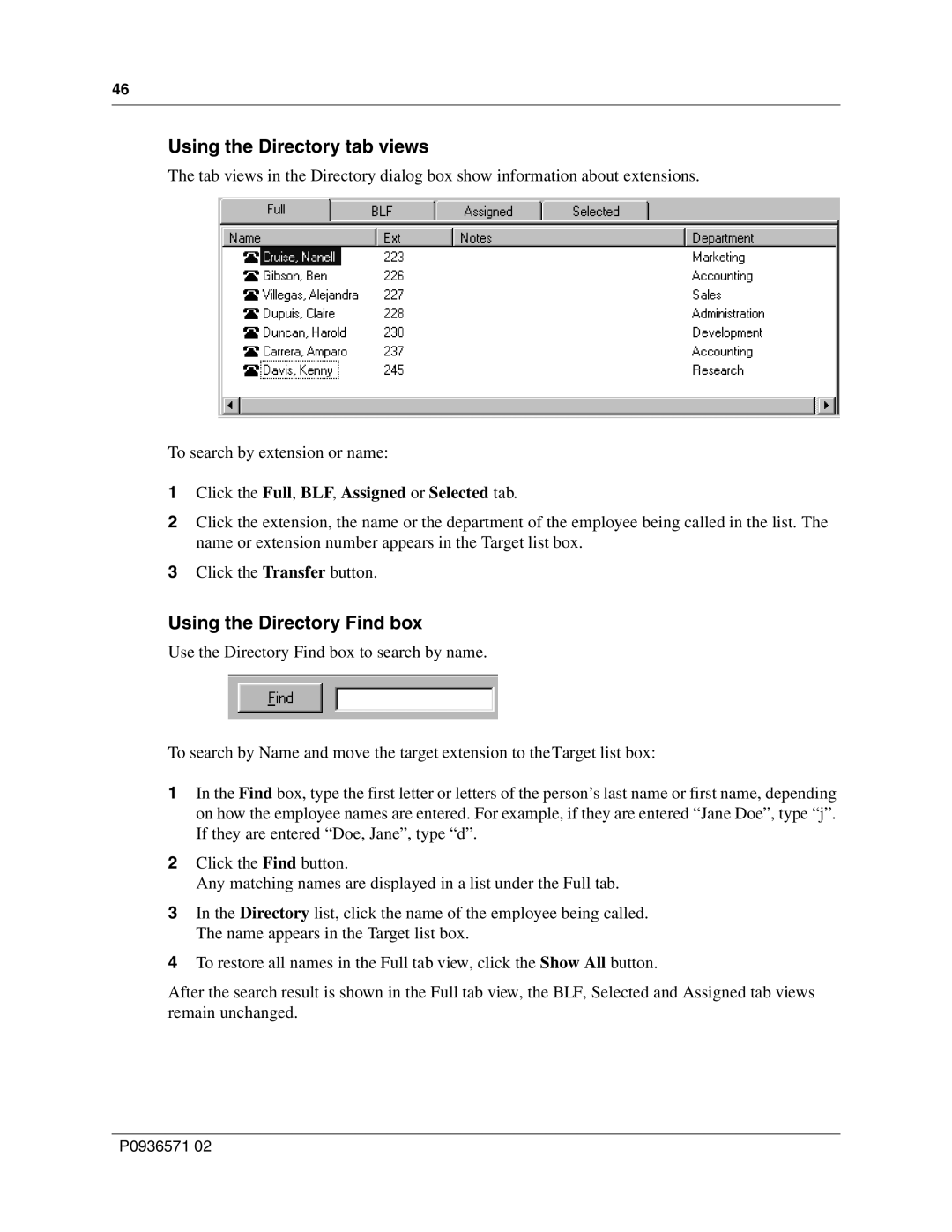 Nortel Networks P0936571 02 manual Using the Directory tab views, Using the Directory Find box 