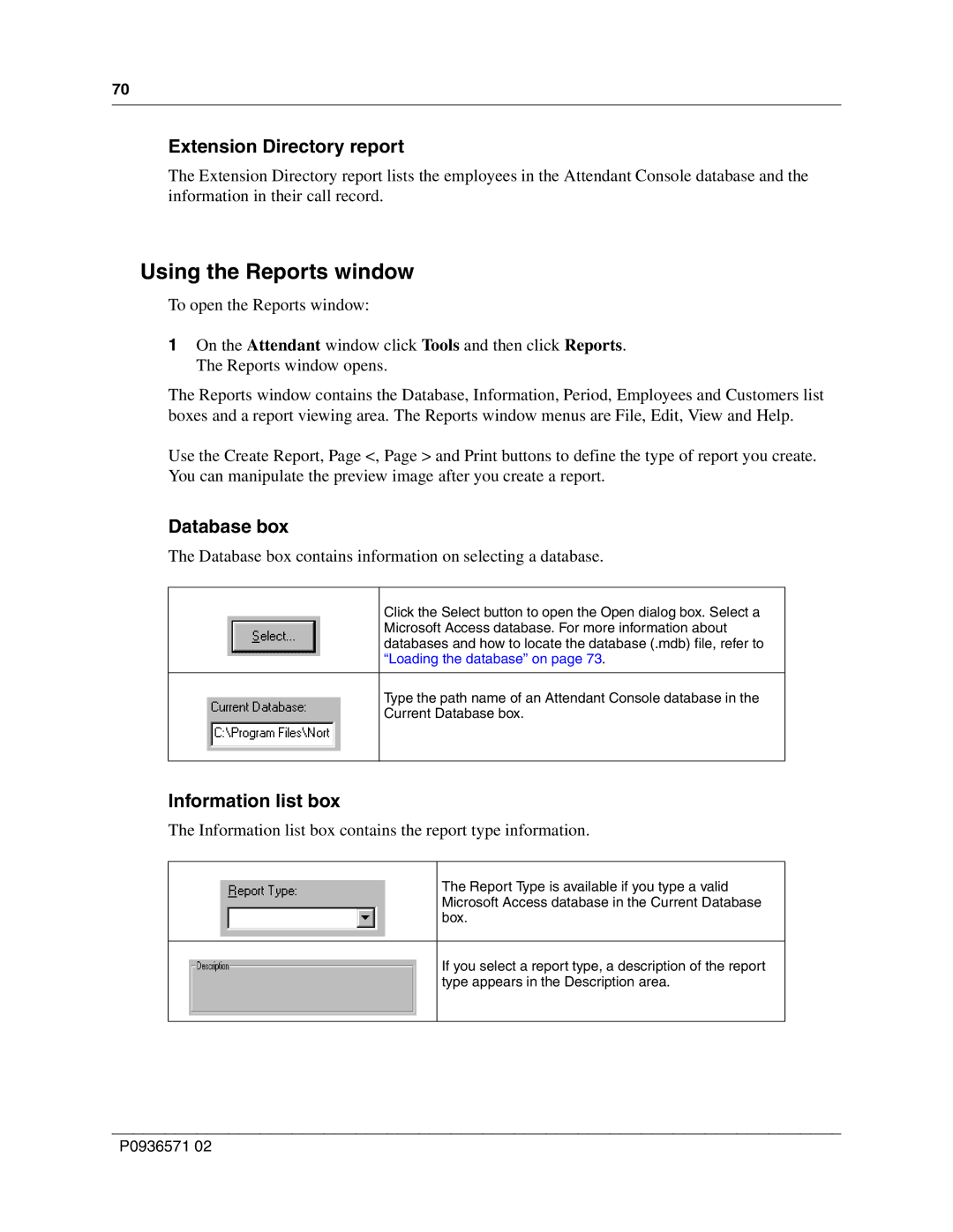 Nortel Networks P0936571 02 manual Using the Reports window, Extension Directory report, Database box, Information list box 