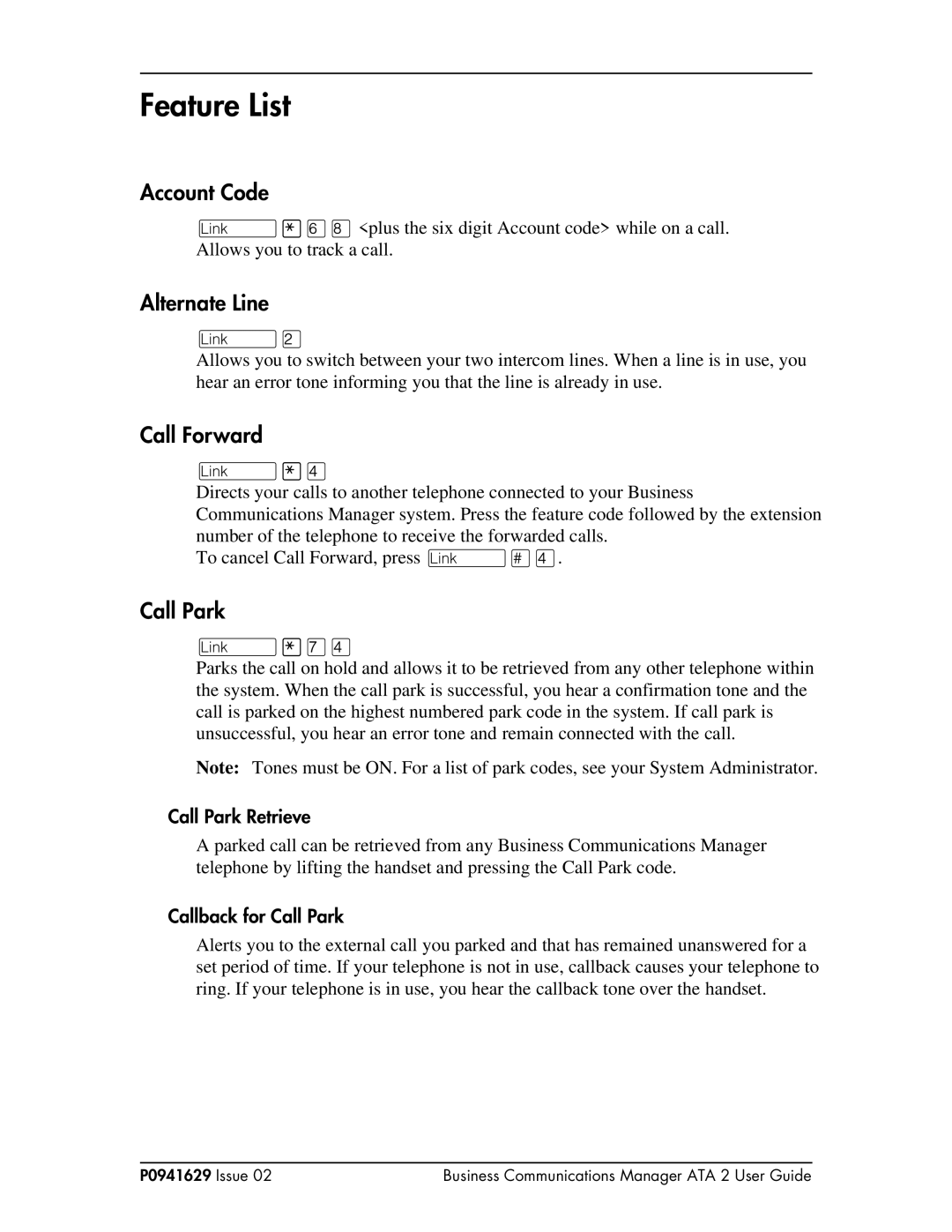 Nortel Networks P0941629 manual Feature List, Account Code, Alternate Line, Call Forward, Call Park 