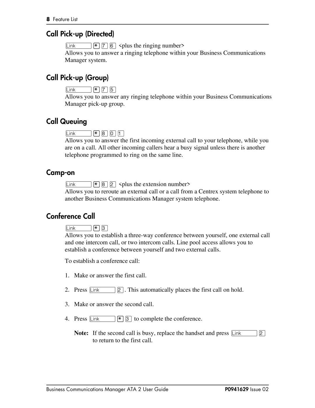 Nortel Networks P0941629 manual Call Pick-up Directed, Call Pick-up Group, Call Queuing, Camp-on, Conference Call 