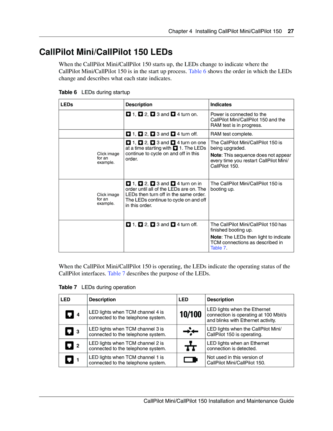 Nortel Networks P0990474 03 manual CallPilot Mini/CallPilot 150 LEDs, LEDs during startup, LEDs during operation 