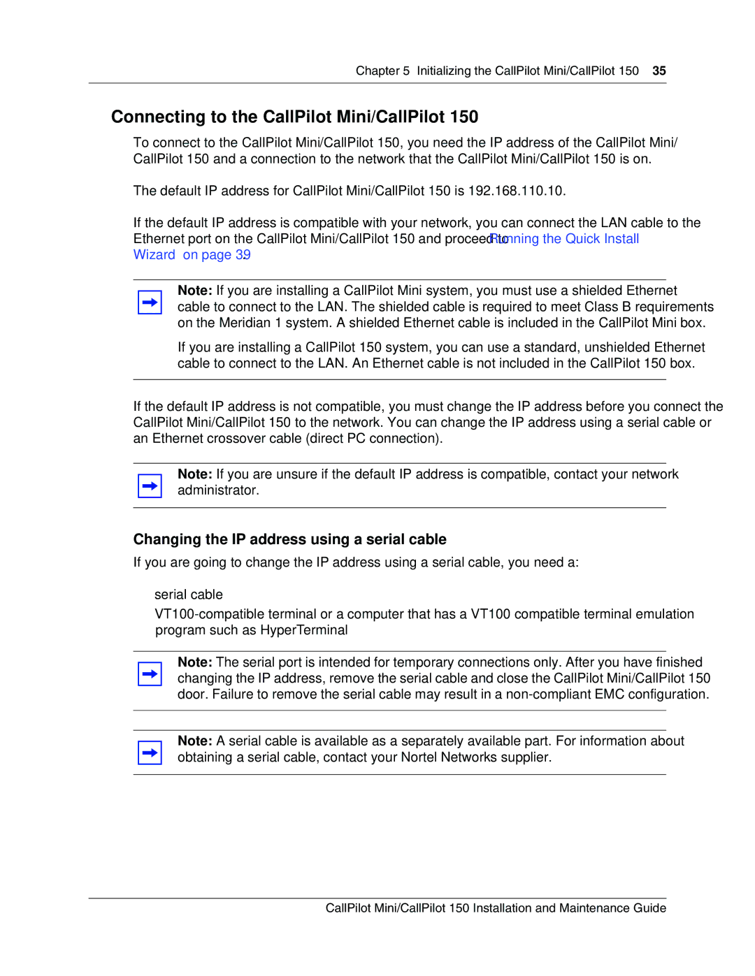 Nortel Networks P0990474 03 manual Connecting to the CallPilot Mini/CallPilot, Changing the IP address using a serial cable 