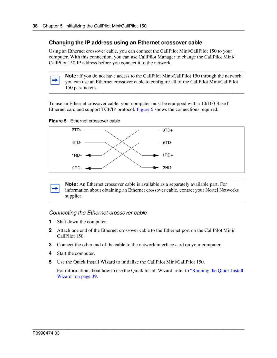 Nortel Networks P0990474 03 manual Changing the IP address using an Ethernet crossover cable 