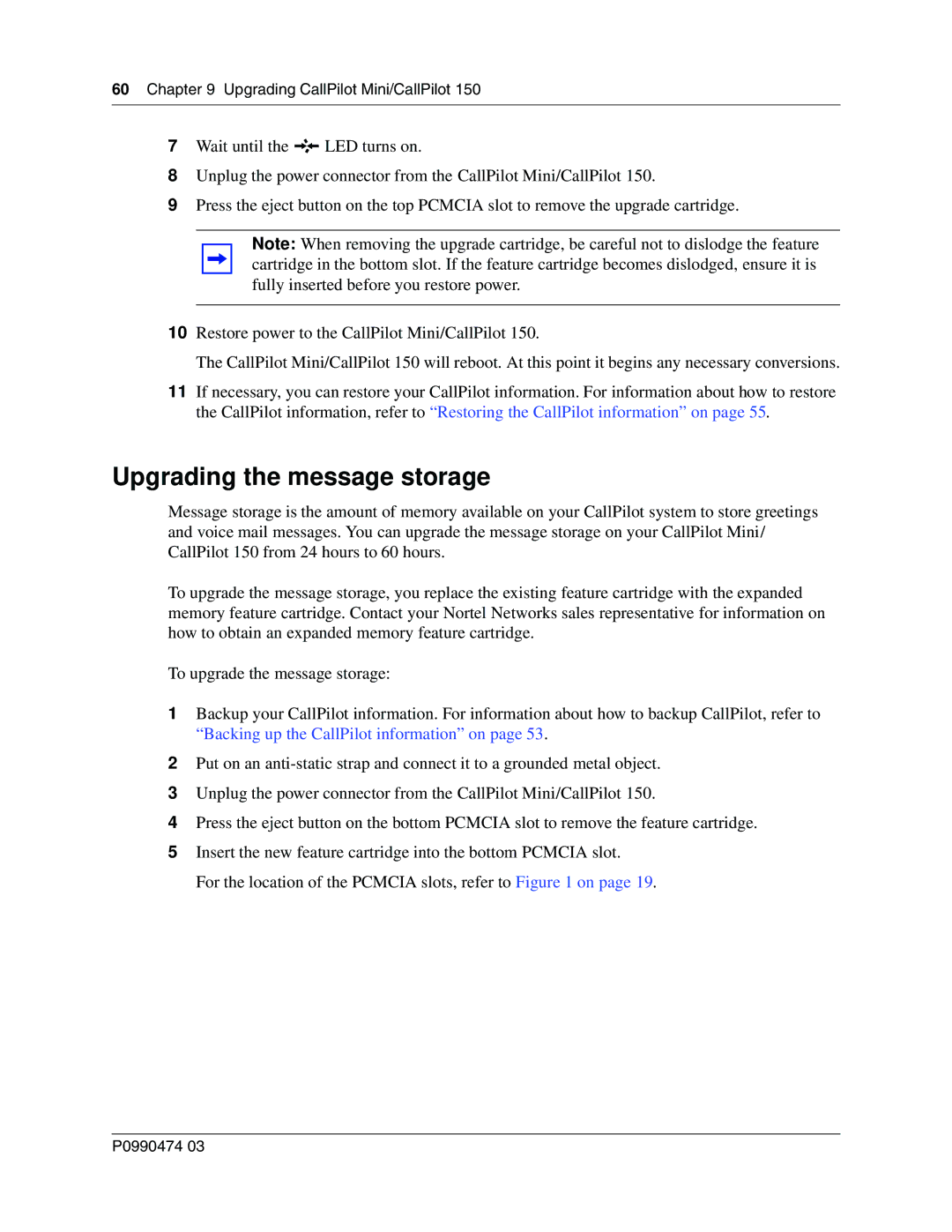 Nortel Networks P0990474 03 manual Upgrading the message storage, Upgrading CallPilot Mini/CallPilot 