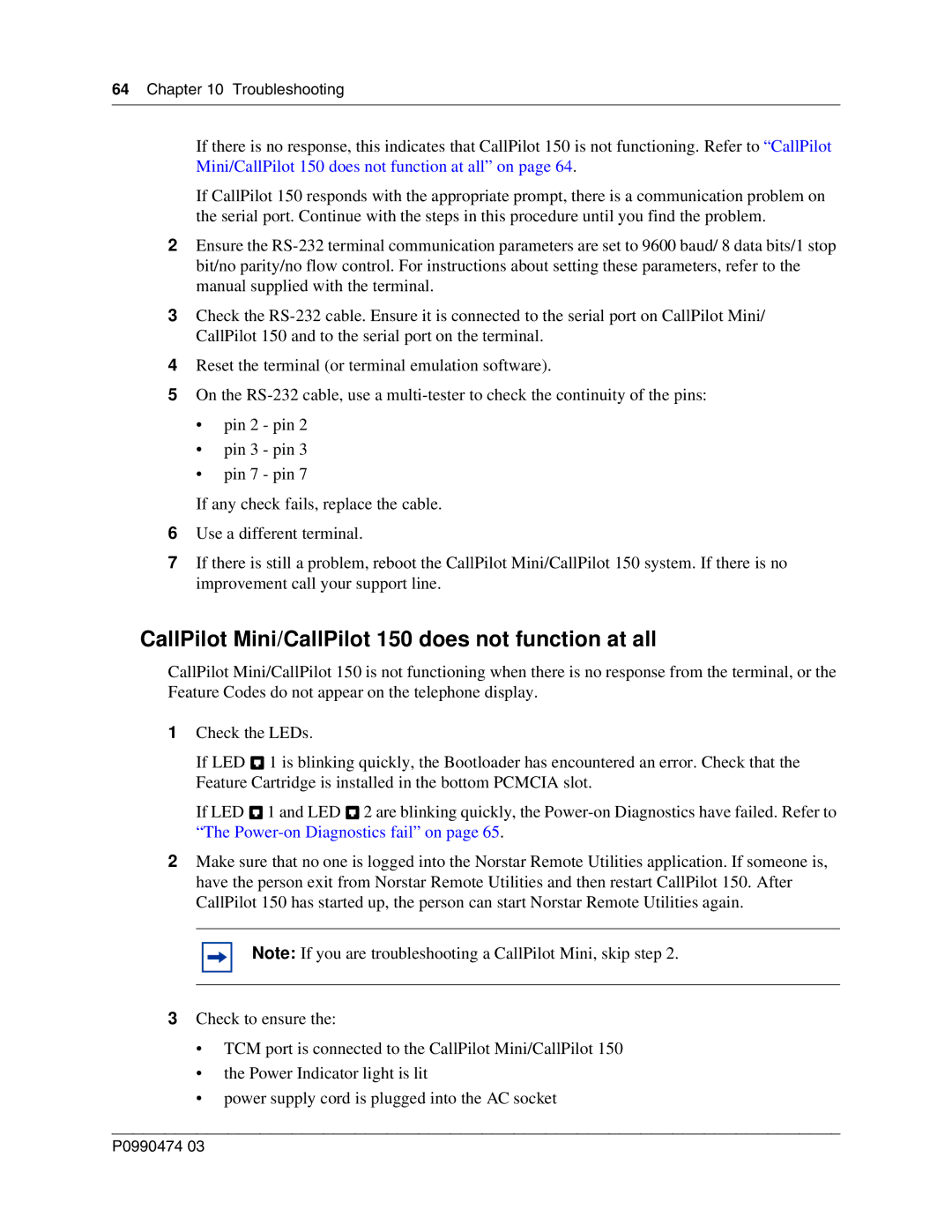 Nortel Networks P0990474 03 manual CallPilot Mini/CallPilot 150 does not function at all, Troubleshooting 