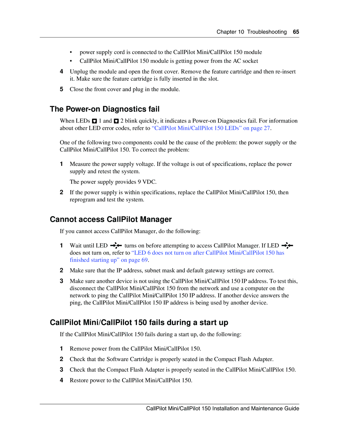 Nortel Networks P0990474 03 manual Power-on Diagnostics fail, Cannot access CallPilot Manager 