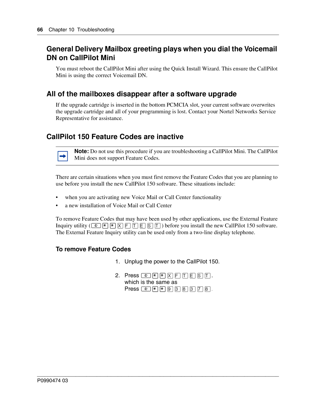 Nortel Networks P0990474 03 manual All of the mailboxes disappear after a software upgrade, To remove Feature Codes 