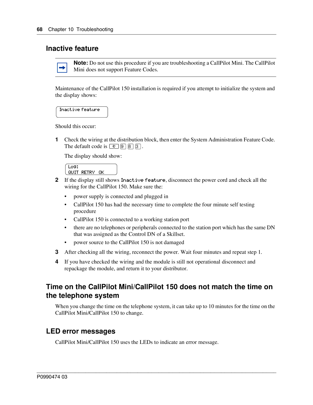 Nortel Networks P0990474 03 manual Inactive feature, LED error messages 