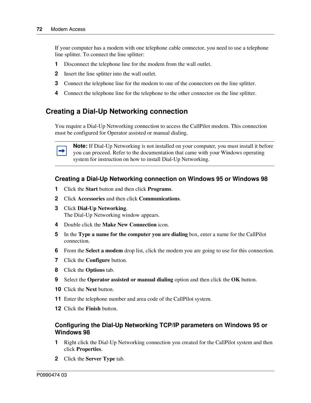 Nortel Networks P0990474 03 manual Creating a Dial-Up Networking connection, Modem Access 