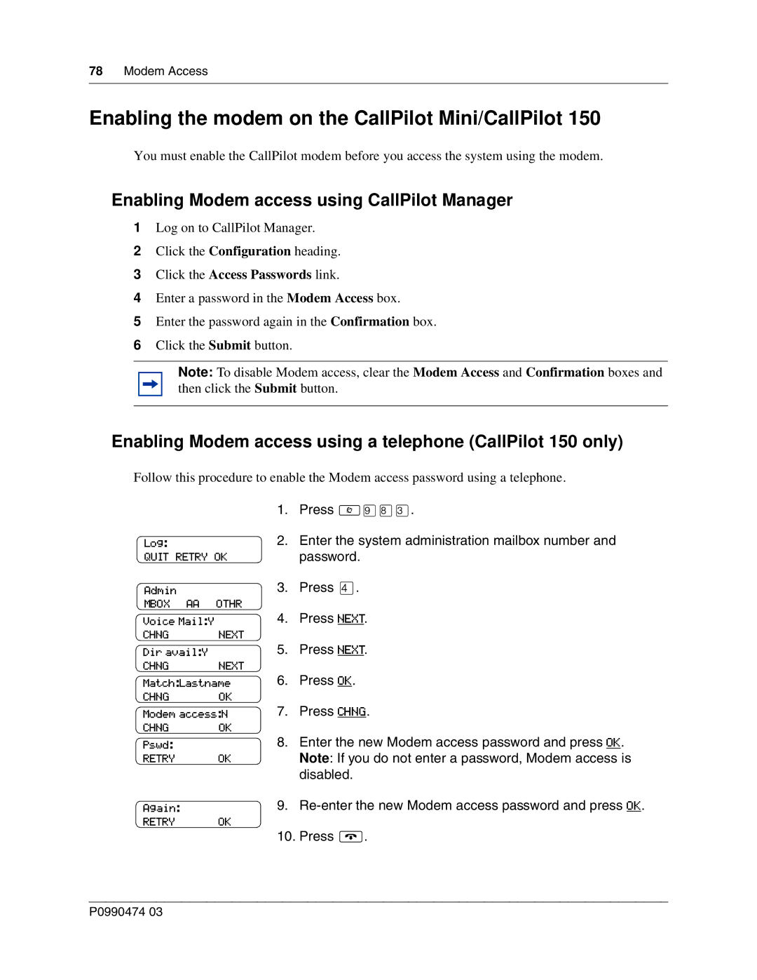 Nortel Networks P0990474 03 manual Enabling the modem on the CallPilot Mini/CallPilot 